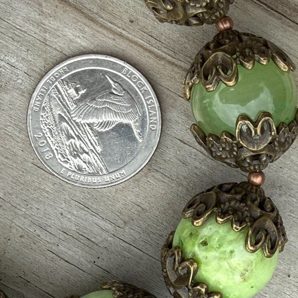 Chunky Green Jade Gemstone Bracelet With Bronze A… - image 4